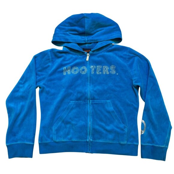 Y2K Hooters Blue Rhinestone Velour Hoodie M/L - Picture 1 of 8